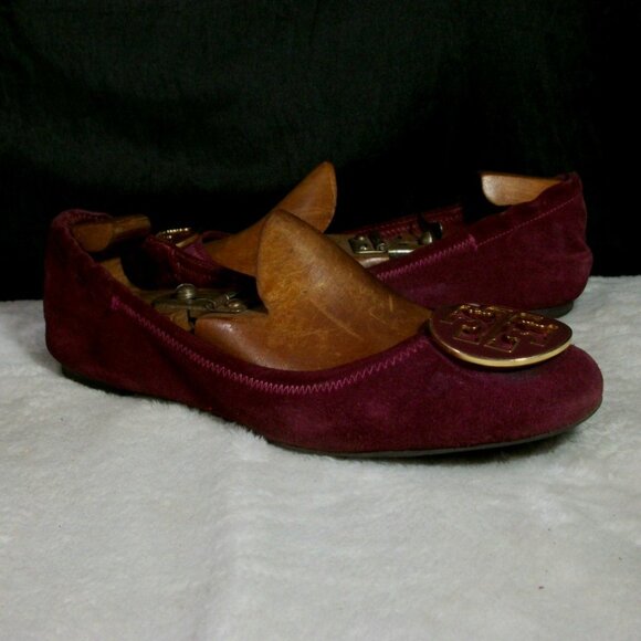 TORY BURCH REVA MAROON SUEDE LEATHER FASHION BALLET FLATS 7M FREE SHIP - Picture 1 of 9